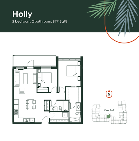 Floor plan for 2 beds, 2 baths, 977 sqft